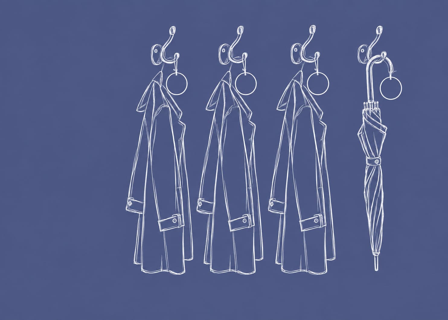Four wall hooks with identical blank round tags; three hold the same coat and the fourth holds a closed umbrella, drawn in white line on a slate ground