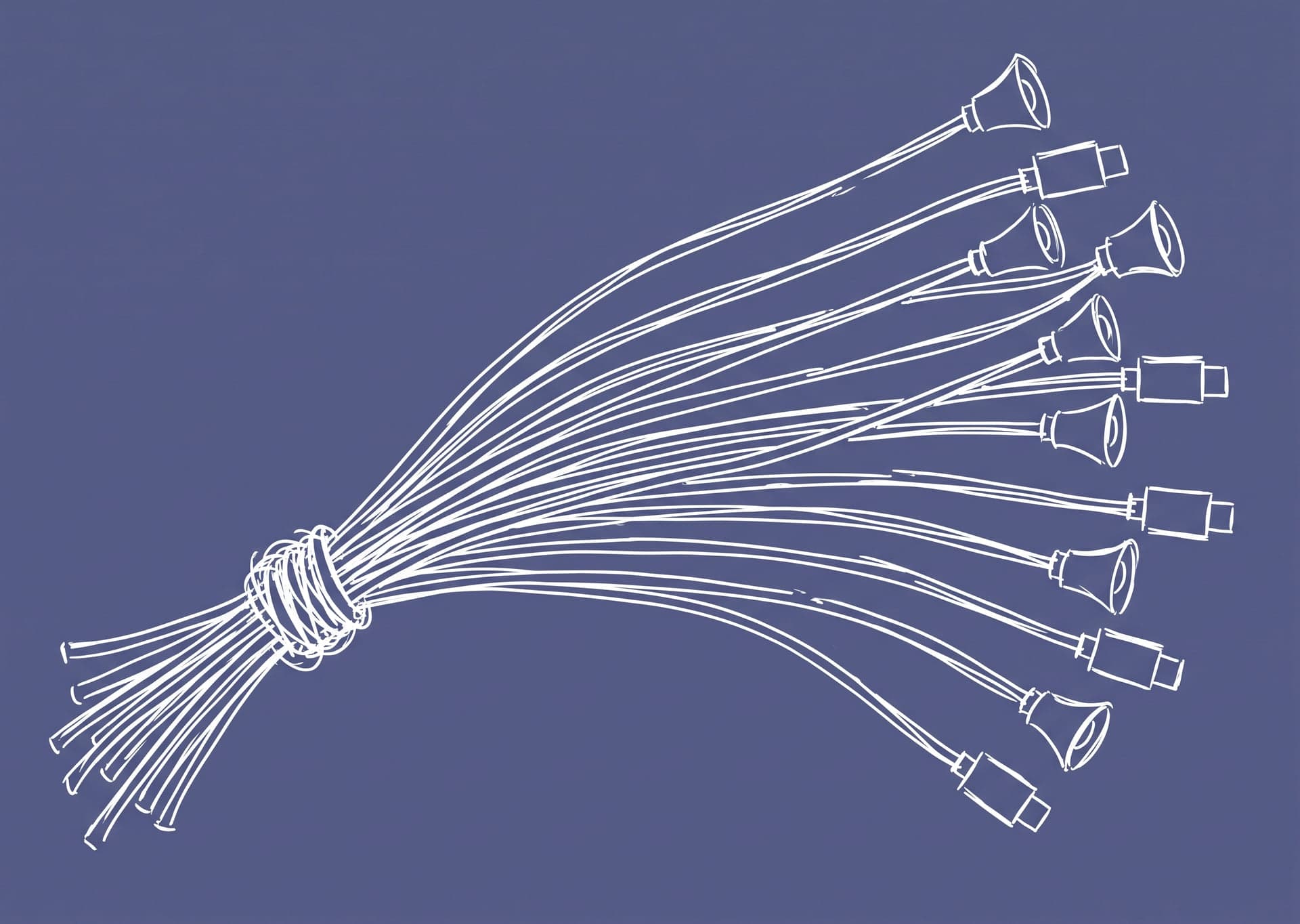 A bundle of identical cords gathered at the left, fanning out to the right and ending in two different fittings, drawn in white line on a slate ground