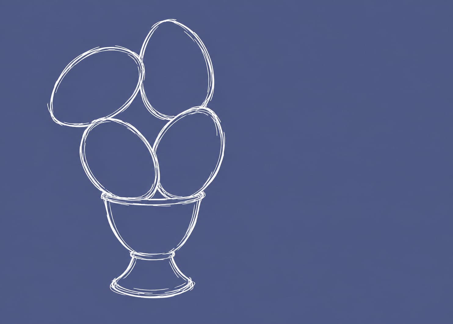 A narrow single eggcup crowded with four whole eggs wedged into and balanced above its mouth, drawn in white line on a slate ground