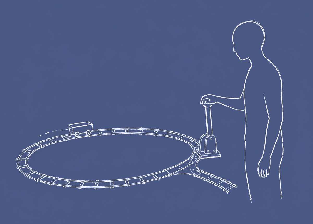 A figure pulling a switch that sends a small train around a circular rail, drawn in white line on a slate ground