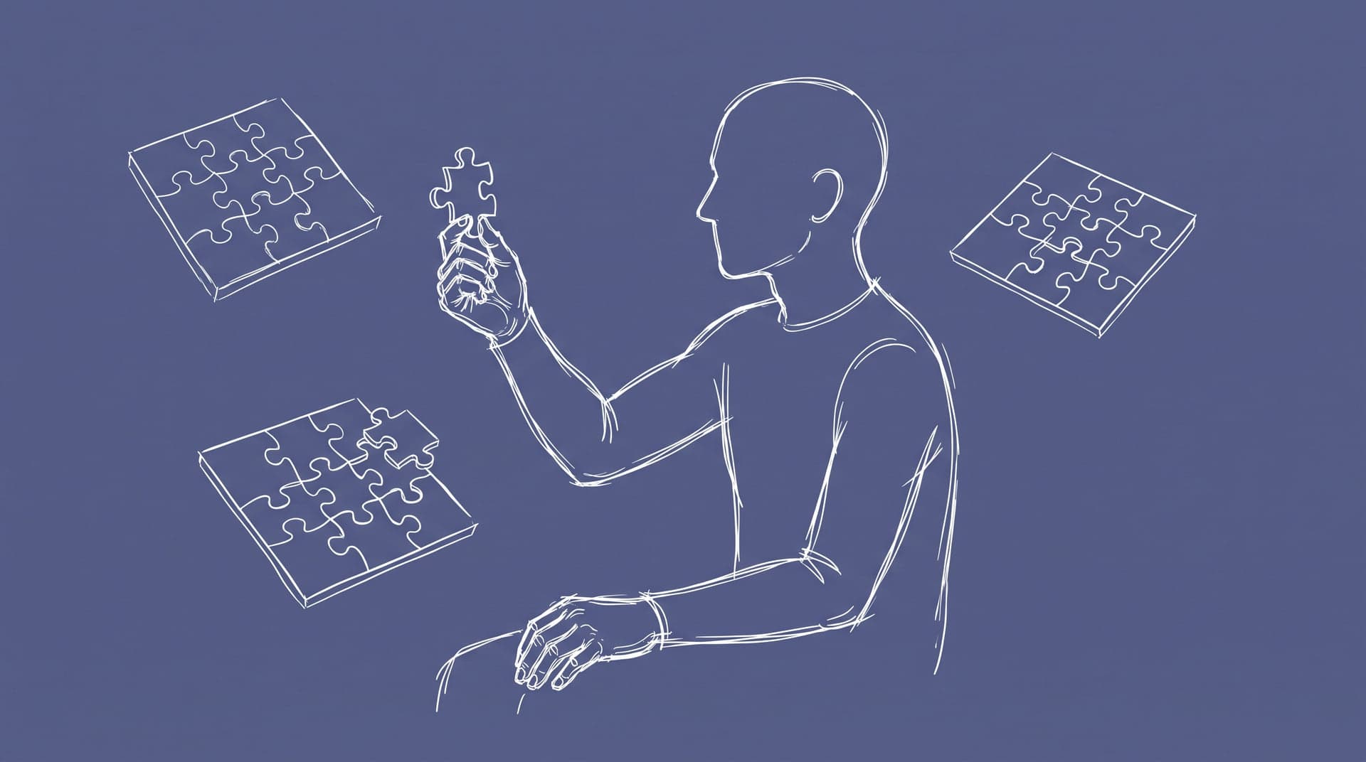 A figure holding up a single puzzle piece, drawn in white line on a slate ground