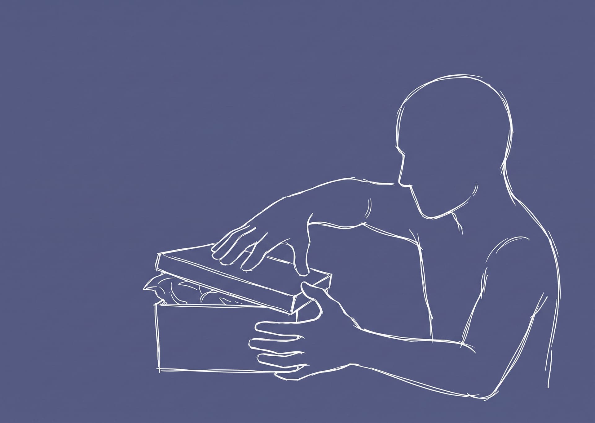 A figure lifting the lid off a box and looking inside, drawn in white line on a slate ground