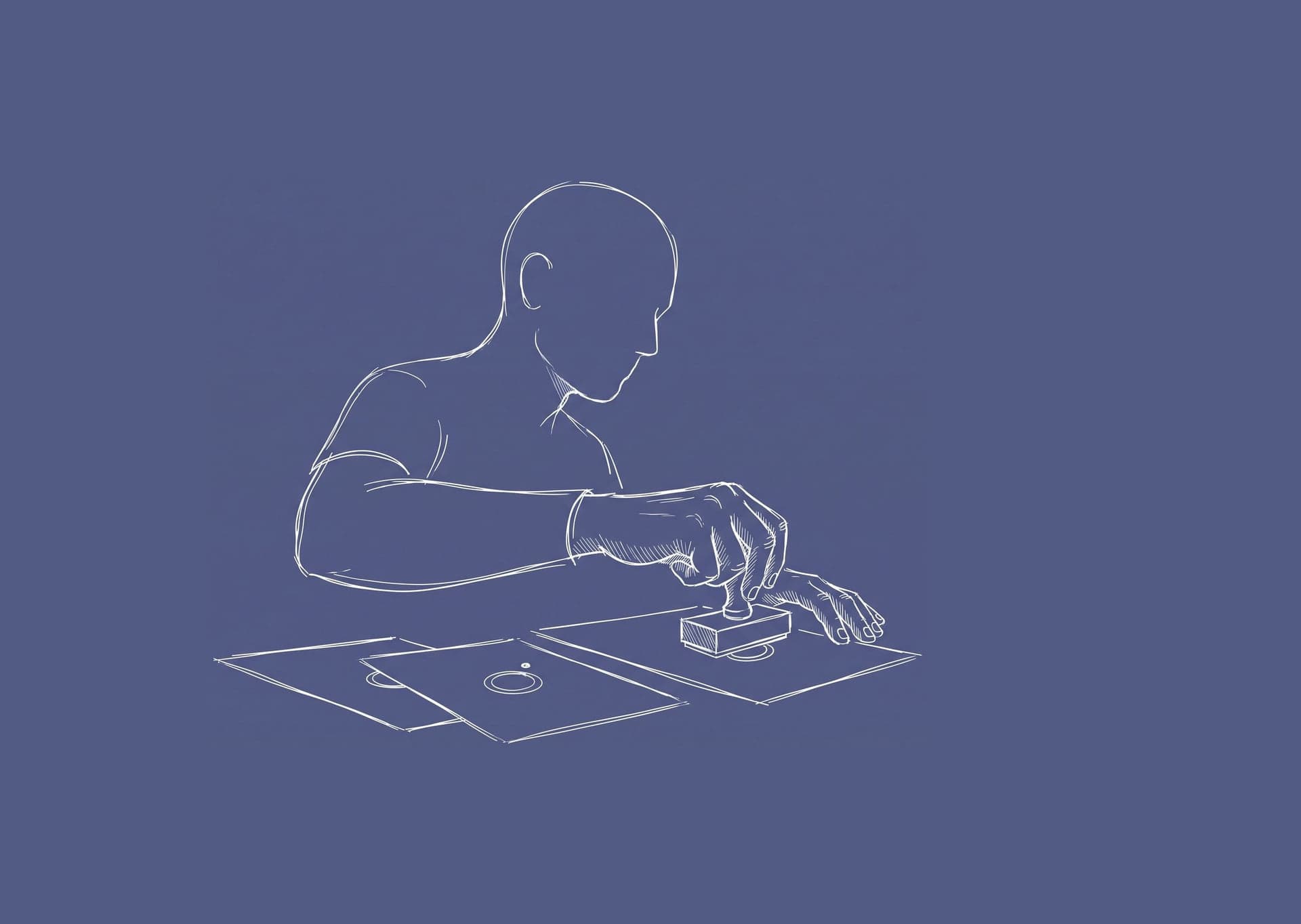 A hand pressing a rubber stamp beside two prints, drawn in white line on a slate ground
