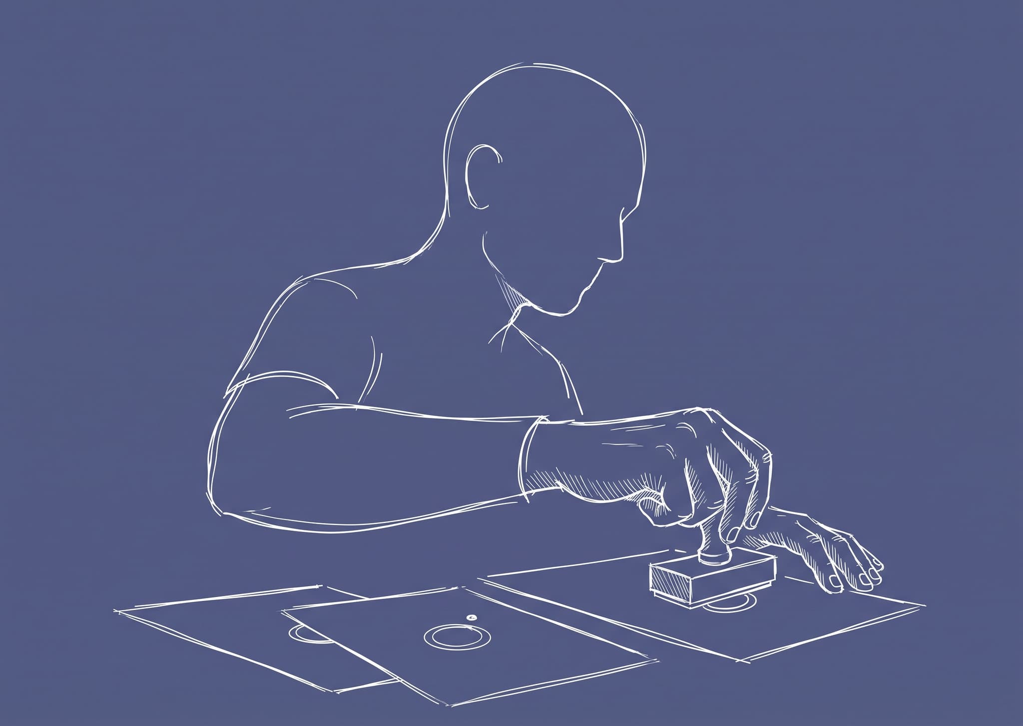 An anonymous person holding a puzzle piece, drawn in white line on a slate ground