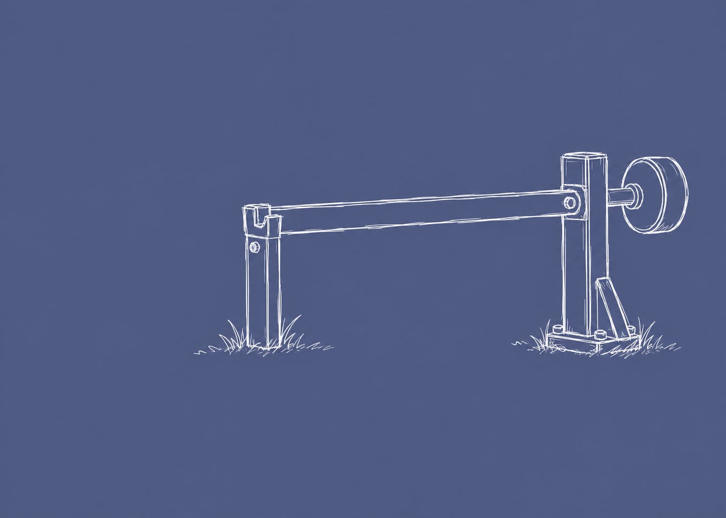 A counterweighted boom barrier lowered fully shut, its arm seated in a notched cradle on a shorter post, grass tufts at the base of each post, drawn in white line on a slate ground