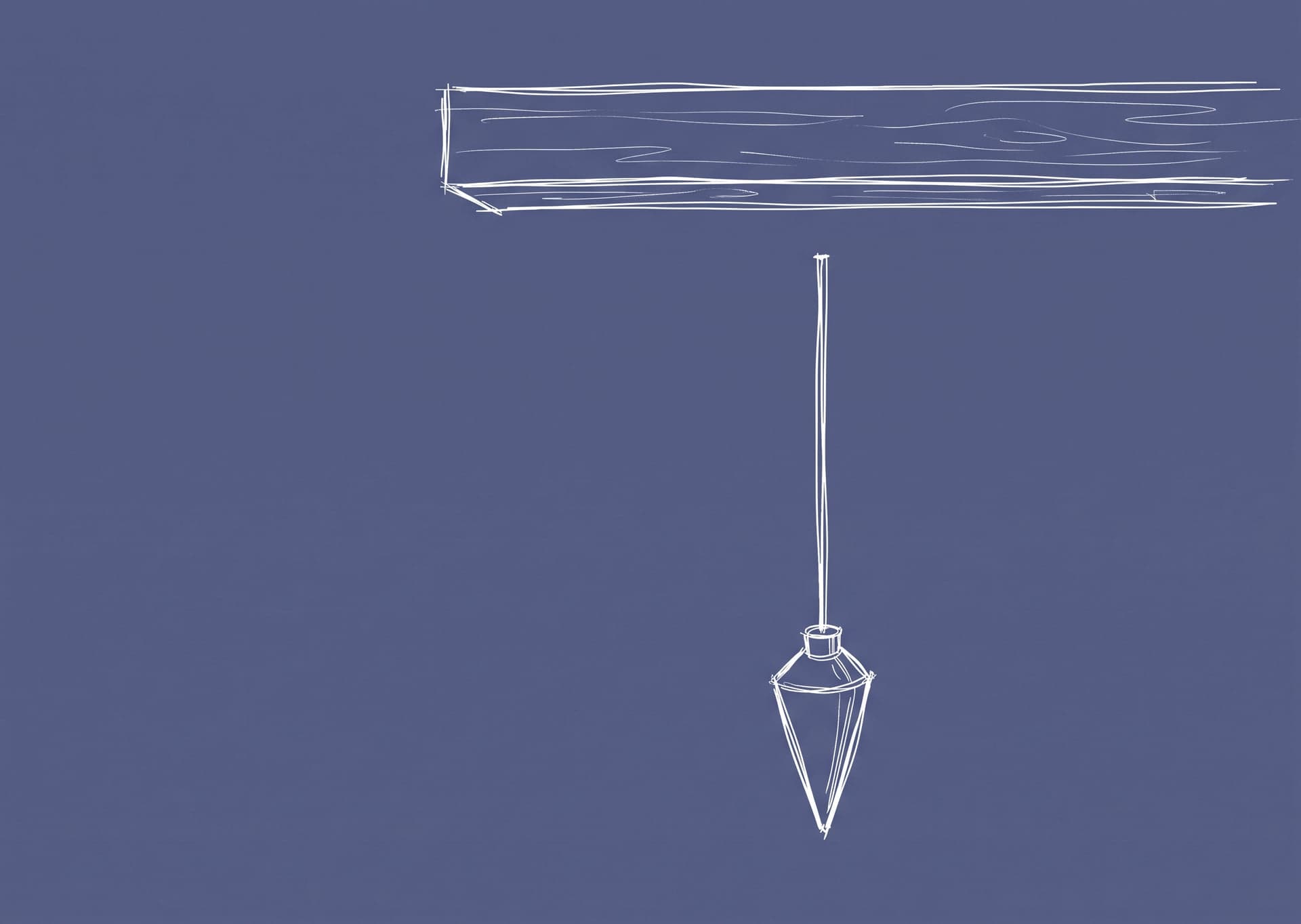 A plumb bob hanging still on a taut string whose upper end stops in open air, below a heavy wooden beam it is not attached to, drawn in white line on a slate ground
