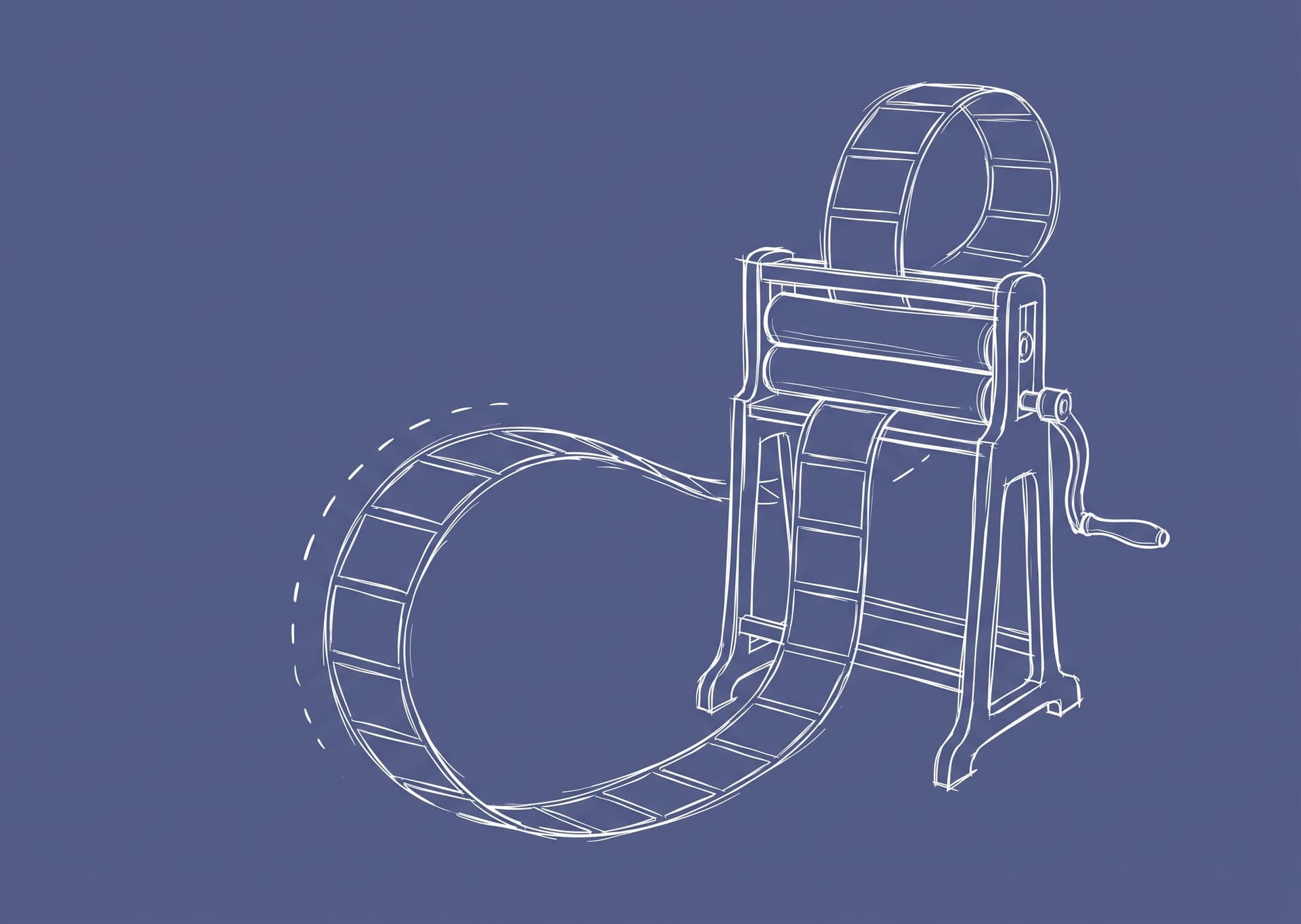 A long ribbon of blank cards running in a closed loop through a hand-cranked wringer, drawn in white line on a slate ground
