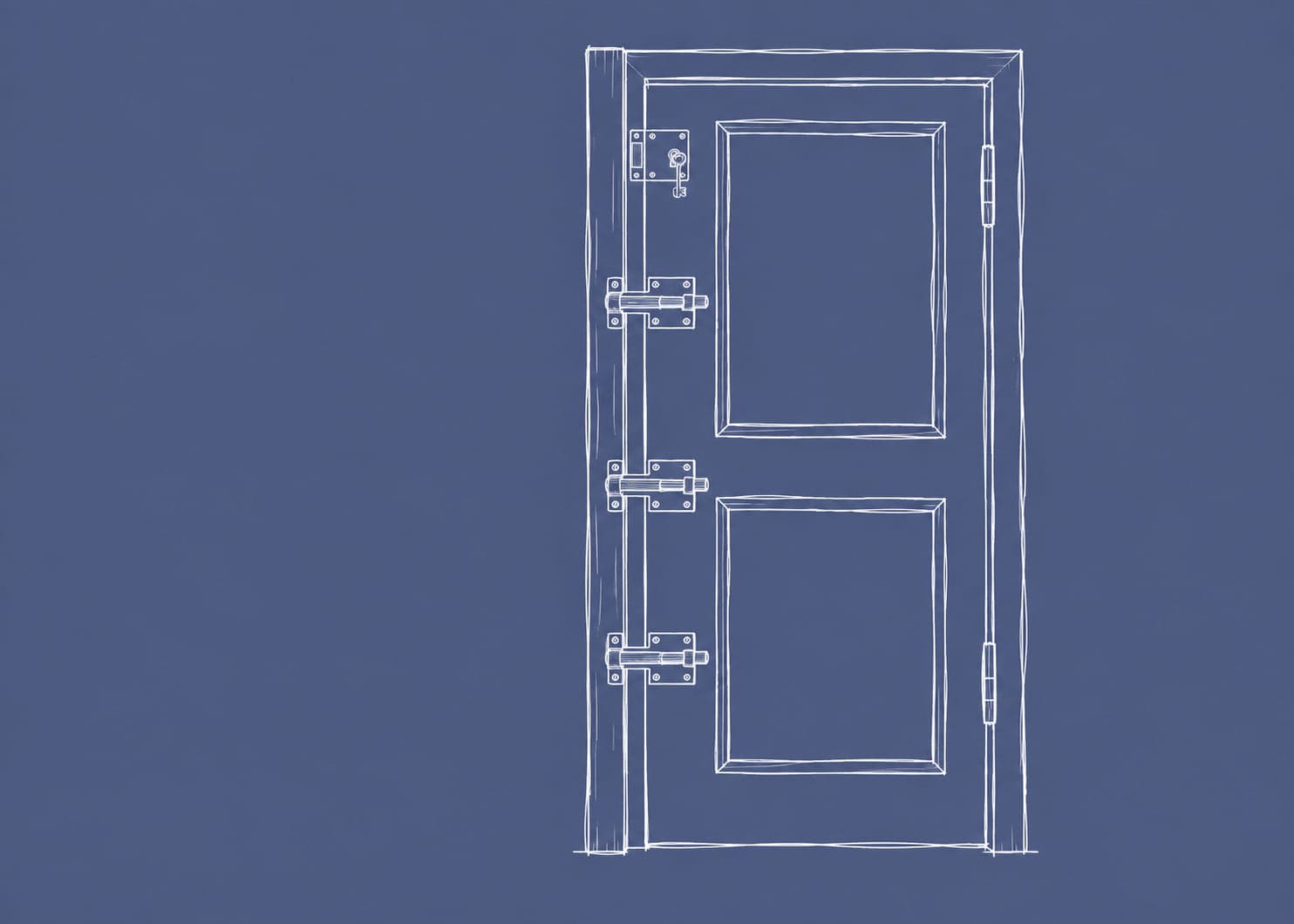 A tall panelled door held shut by four fasteners, the topmost a lock with the key turned and its bolt drawn back, the three barrel bolts below it still shot across into the frame, drawn in white line on a slate ground