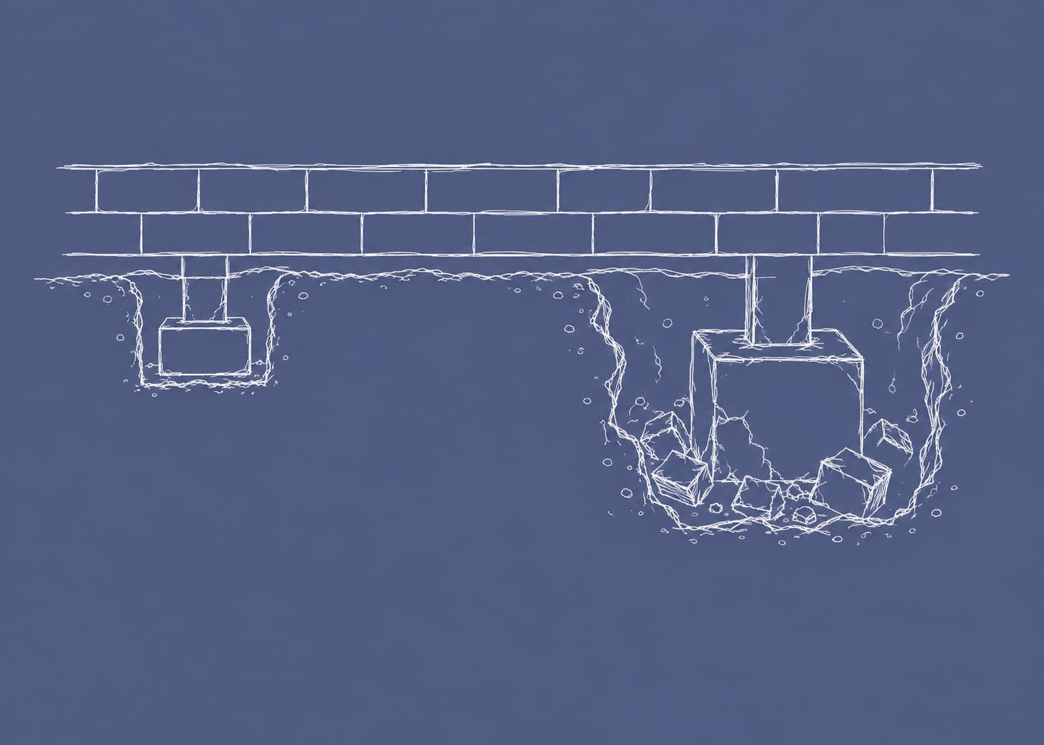 A wall carried by two posts, one on a shallow footing and one above a deep excavated foundation with rubble, drawn in white line on a slate ground