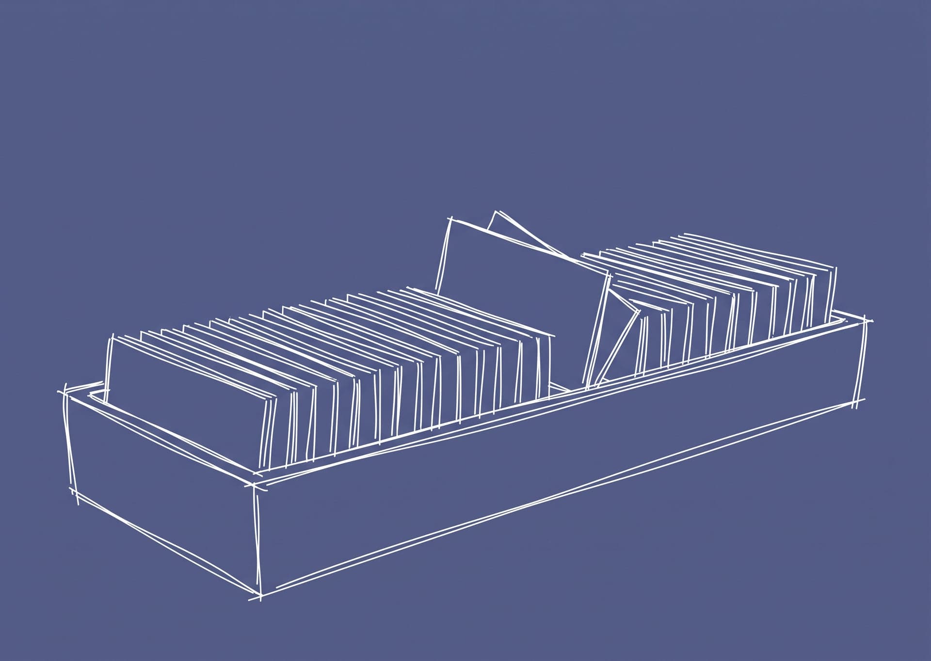 A card-catalog tray filled with a tidy row of upright blank index cards, evenly spaced, except one slot where two cards are wedged together and tilted, drawn in white line on a slate ground