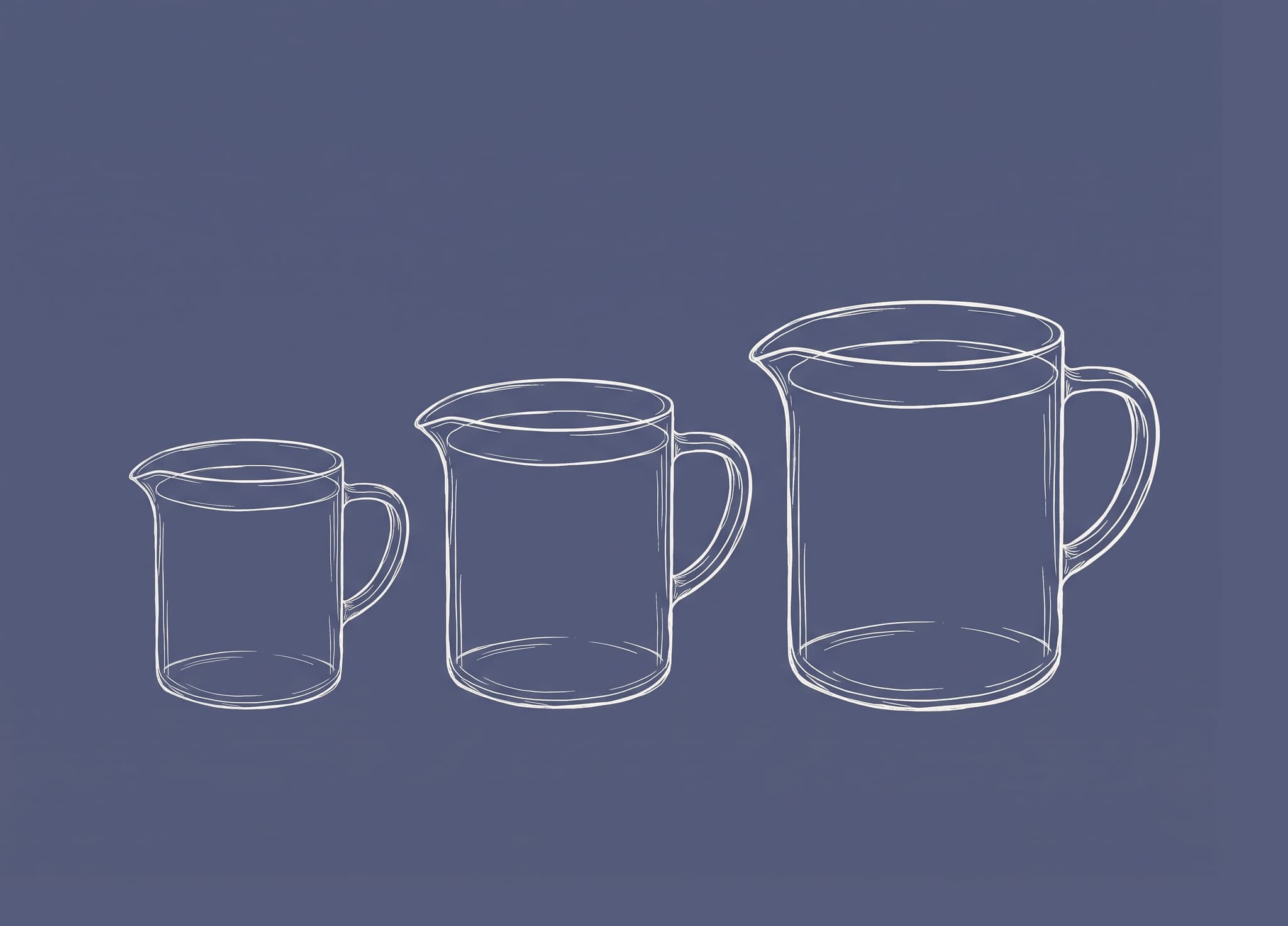 Three jugs in a row, each one filled level to its own brim.