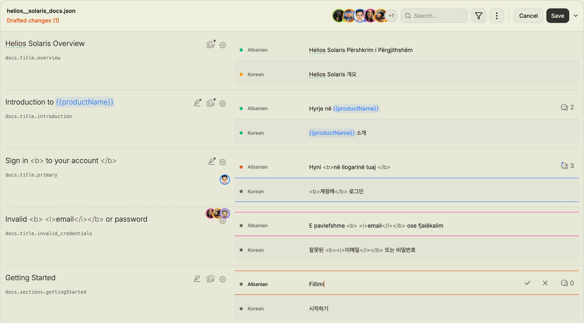 The i18ner editor: source strings and their keys on the left, every target language beside them, with teammates reviewing in the same grid.