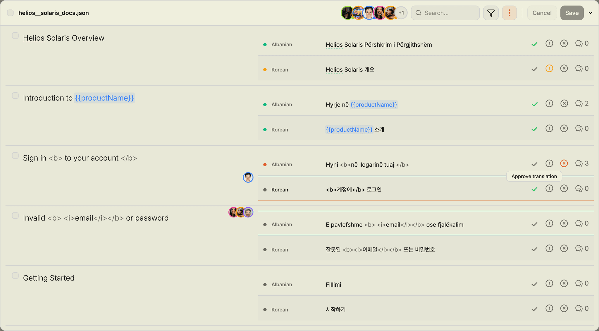 The i18ner editor in review mode: every translation row carries approve, mark for revision and reject actions alongside its comment count.