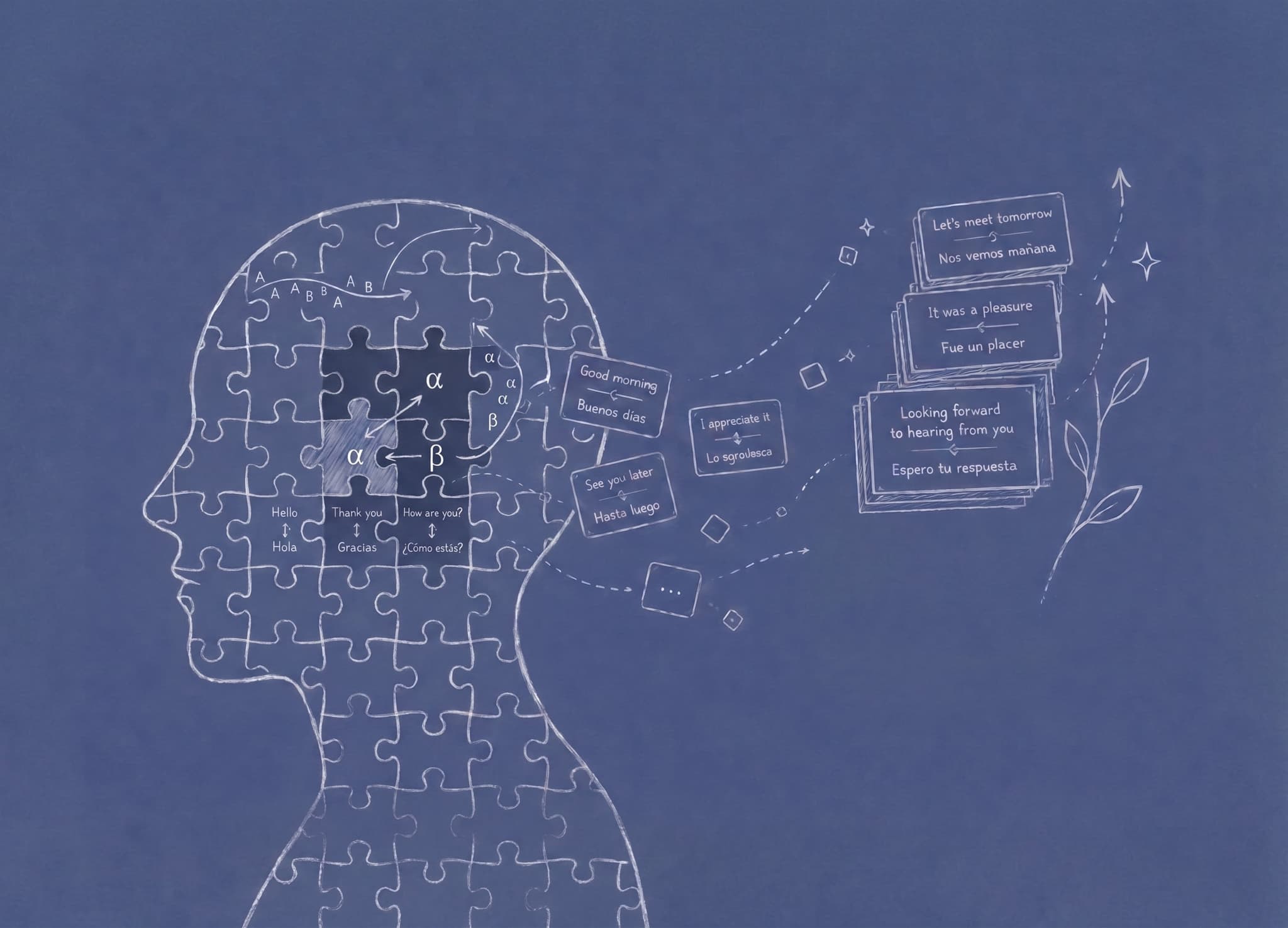 A head in profile with a library shelved inside it, and translated cards streaming out of it into the open.