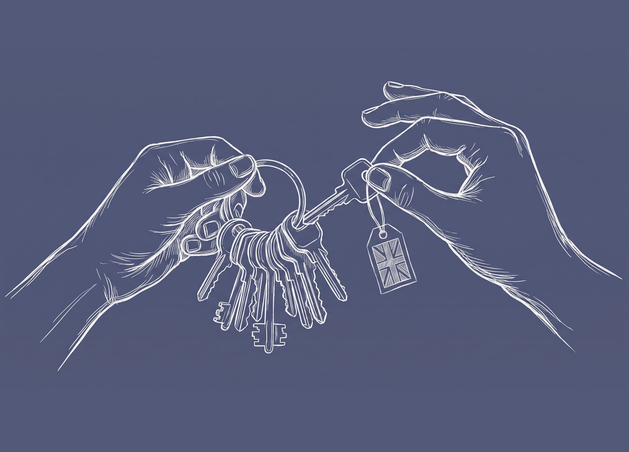 Two hands over a crowded keyring, one of them taking a single key with a small flag tag tied to it.