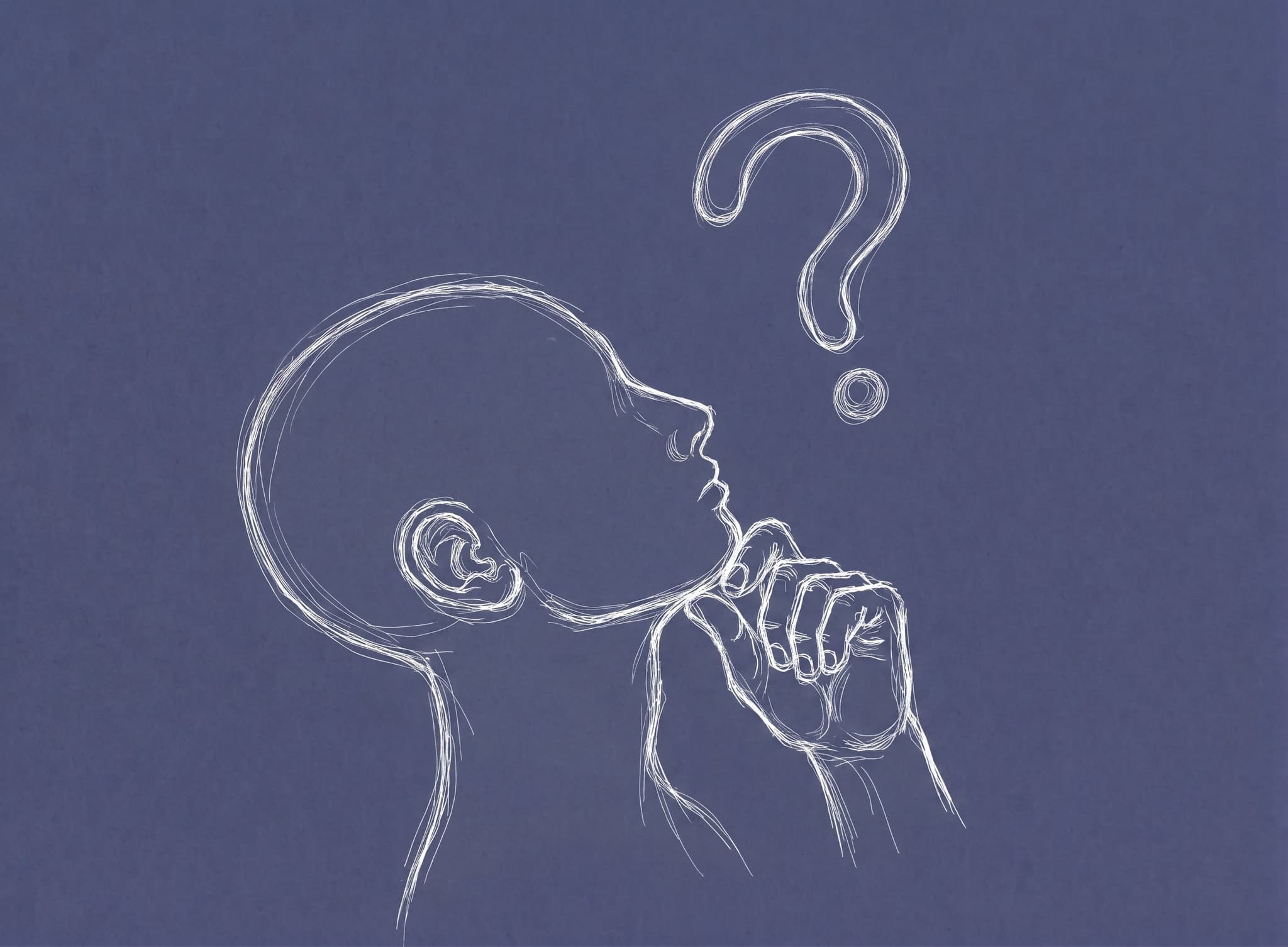 A head in profile, chin resting on a fist, with a question mark drawn above it.
