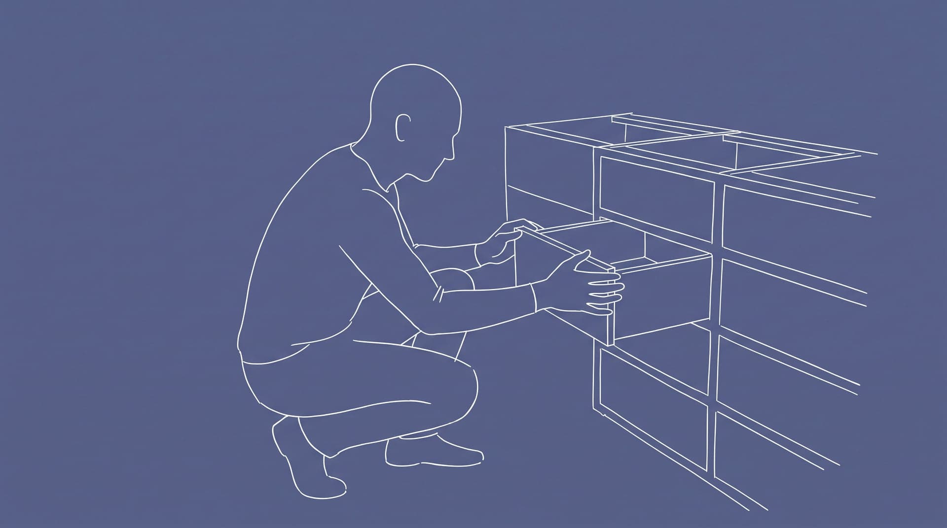 A figure pulling open a drawer, drawn in white line on a slate ground