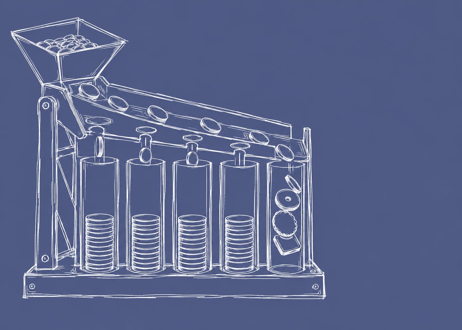 A mechanical sorter dropping round tokens into separate vertical tubes, drawn in white line on a slate ground