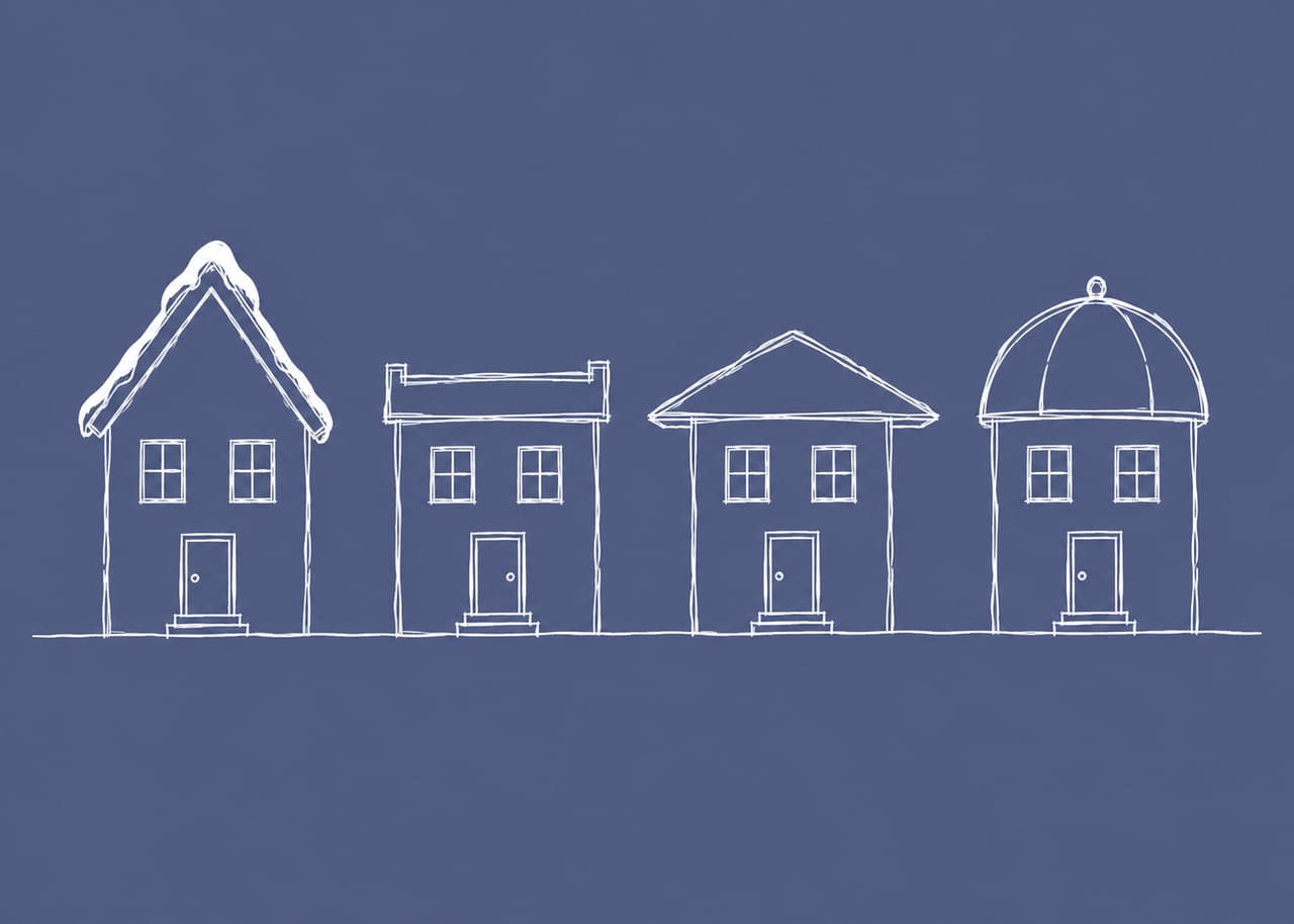 Four houses with different rooflines standing in one row, drawn in white line on a slate ground
